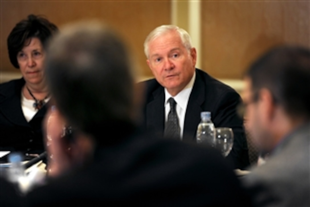 Secretary of Defense Robert M. Gates speaks with members of the press while U.S. Ambassador to Egypt Margaret Scobey (left) looks on after meeting with Egyptian Prime Minister Essam Sharaf in Cairo, Egypt, on March 23, 2011.  