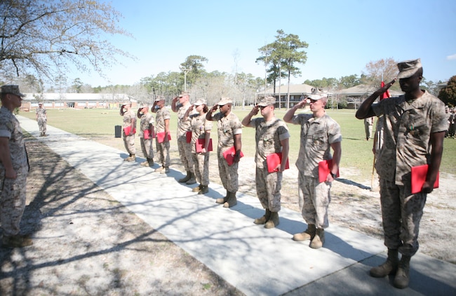 Marines with Combat Logistics Battalion 2, 2nd Marine Logistics Group, salute Lt. Col. Brian Wolford, the commanding officer for CLB-2, during a ceremony aboard Camp Lejeune, N.C., March 24, 2011.  During the ceremony 13 Marines were recognized for actions while deployed to Afghanistan from July 2010 to February 2011.