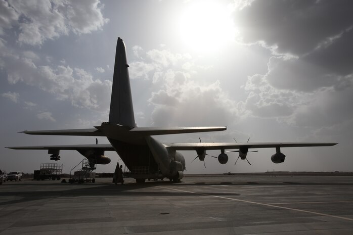 The Harvest Hawk equipped KC-130J rests on the runway at Camp Dwyer, Afghanistan, March 24. The one-of-a-kind Harvest Hawk system includes a version of the target sight sensor used on the AH-1Z Cobra attack helicopter as well as a complement of four AGM-114 Hellfire and 10 Griffin missiles. This unique variant of the KC-130J supports 2nd Marine Aircraft Wing (Forward) in providing closer air support and surveillance for coalition troops on the ground in southwestern Afghanistan.