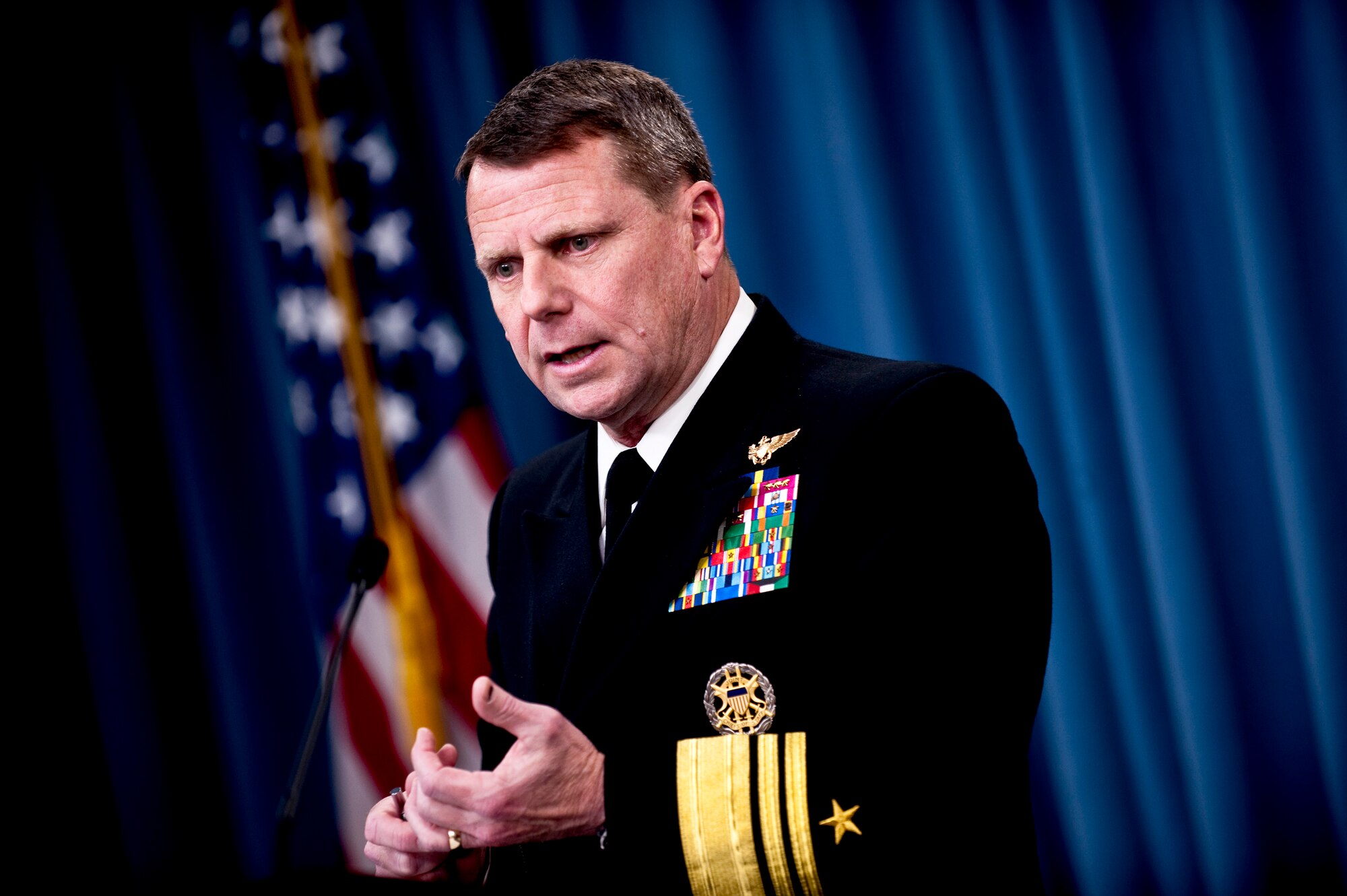 Navy Vice Adm. William Gortney, director of the Joint Staff, updates the press at a briefing on Operation Odyssey Dawn at the Pentagon, March 24, 2011.  (DOD photo/Navy Petty Officer 1st Class Chad J. McNeeley)