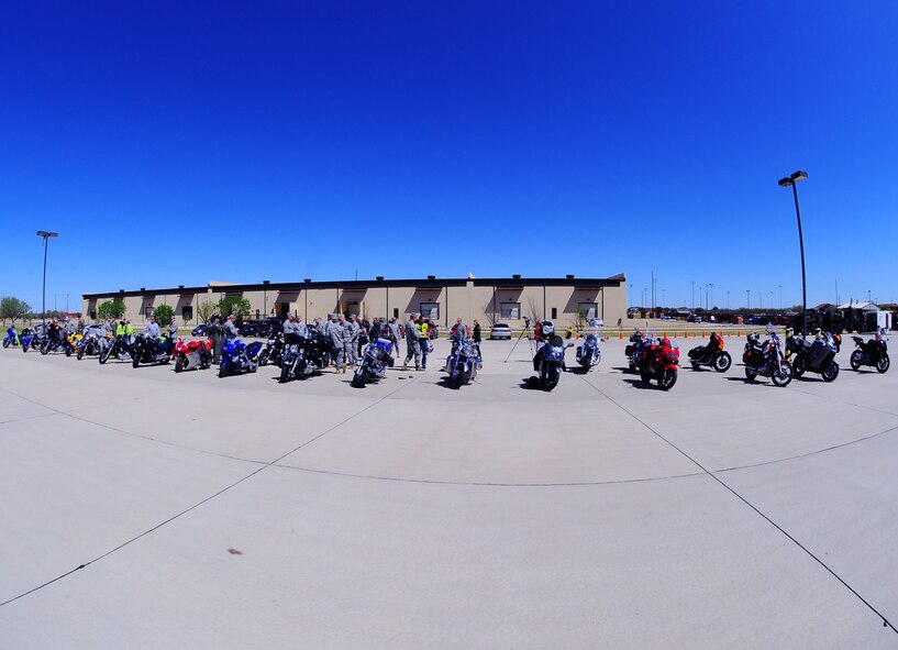 DYESS AIR FORCE BASE, Texas—A group of motorcycles are parked in a line March 23 outside Marine Corps Detachment-1 prior to a 317th Airlift Group sponsored motorcycle ride here. Participants included members from the Green Knights Chapter 63, a military motorcycle club specifically for Dyess Airmen, dependents, DoD civilians and retirees. Riders received safety inspections, briefs and participated in a 40-minute ride. The reason for this ride was to highlight the practical application of proper safety gear, defensive riding and riding through different types of terrain. For more information on safety regulations refer to AFI 91-207, The U.S. Air Force Traffic Safety Program, or for more information on the Green Knights, log on to www.texasgreenknights.org. (U.S. Air Force photo/ Airman First Class Courtney Moses)