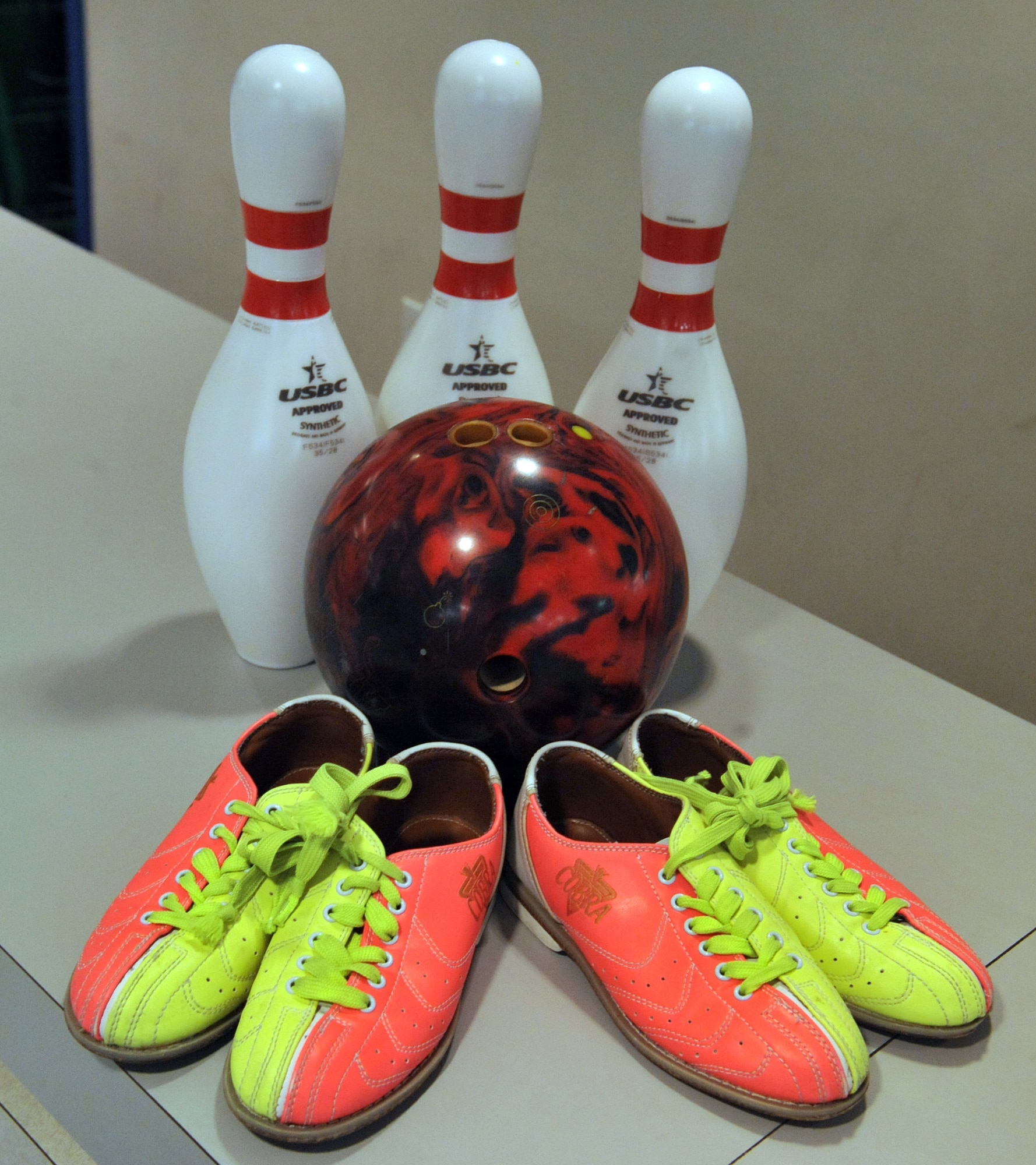 SEYMOUR JOHNSON AIR FORCE BASE, N.C. -- Bowlers at Planet Bowl can choose from 6 to 16 pound bowling balls and rent shoes, March 23, 2011. Planet Bowl also proposes a new bowler entertainment system offering different themes and displays more in-depth statistics including speed, average pins per lane and score. (U.S. Air Force photo/Senior Airman Whitney Lambert) (RELEASED)
