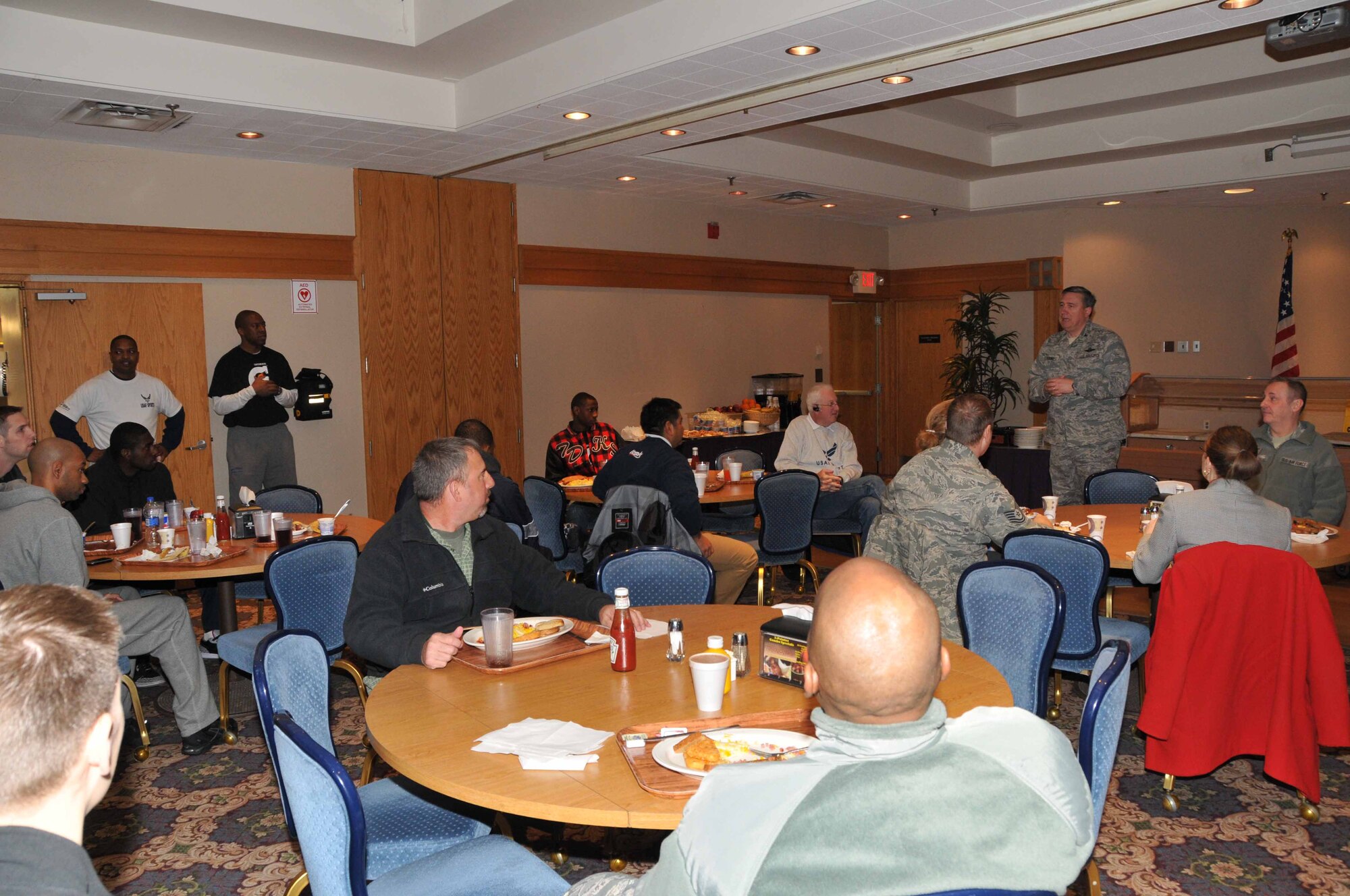Col. Darrell G. Young, 934th Airlift Wing commander, welcomes members and hopefuls for the Air Force Basketball team to the base at a tip-off breakfast March 23.  The tryouts run through April 4. Members of the 934th are invited to attend  a scrimage against the Minnesota Blizzard scheduled for the evening of April 2.  