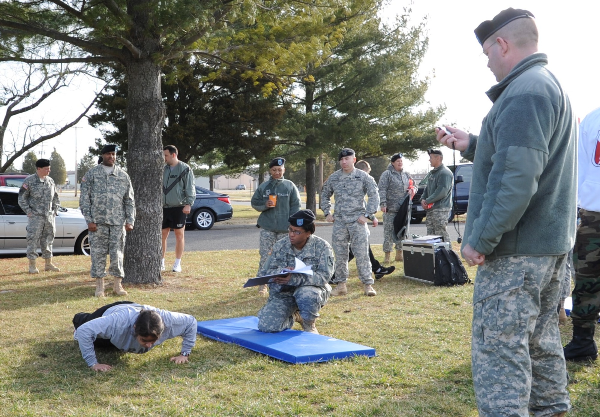 Staff Sgt. Shanna Villanueva, 2nd Battle Command Training Brigade, 75th Battle Command Training Division, knocks out as many pushups as possible during her units 2nd annual Best Warrior Competition at Joint Base McGuire-Dix-Lakehurst March 5 through 7. She competed in the noncommissioned officer category. (U.S. Air Force photo by Airman 1st Class Dennis Sloan/Released)