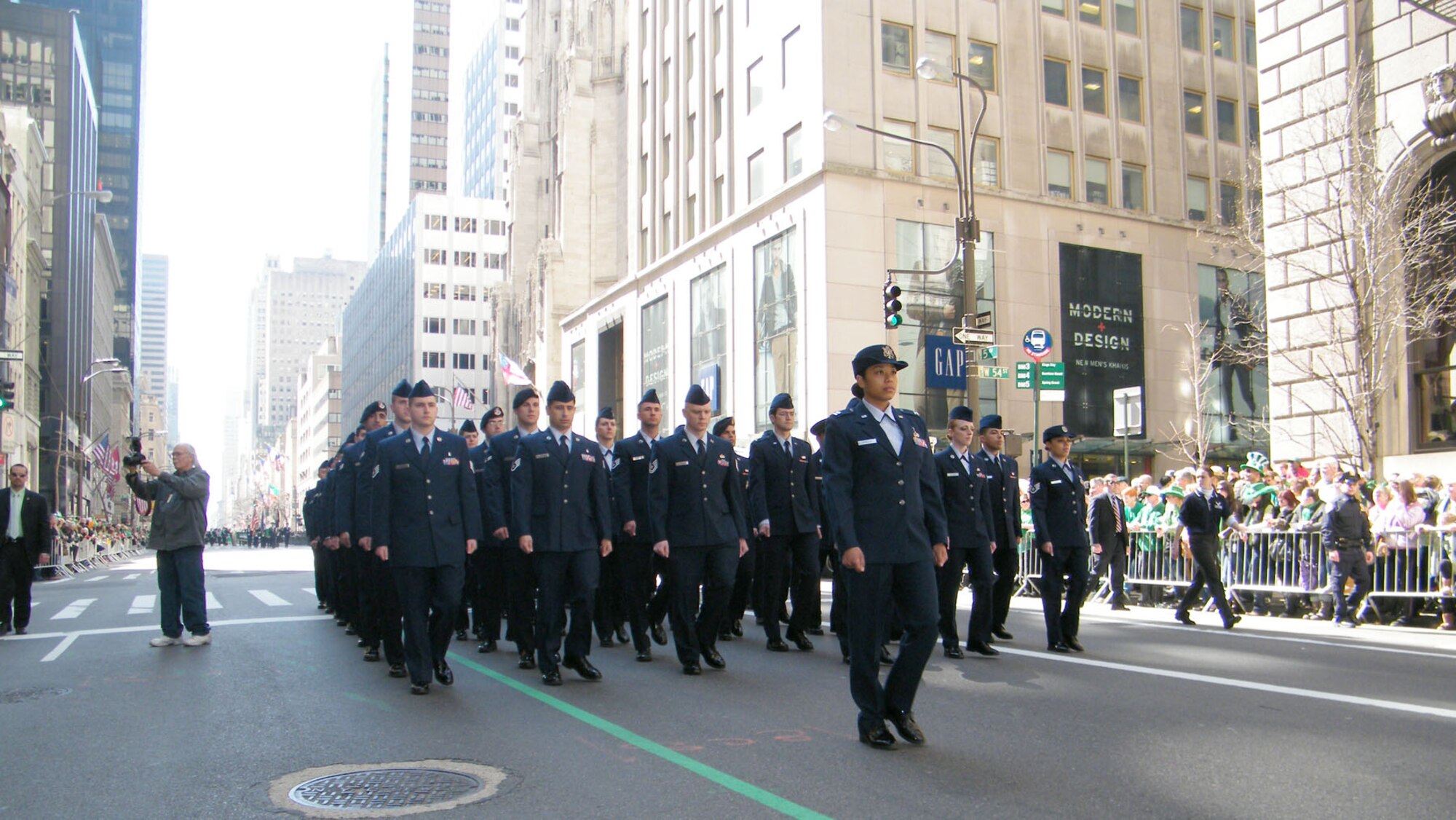 NEW YORK – Hanscom Airmen, led by Capt. Gina Beinhaur, march down Fifth Avenue during the 250th St. Patrick’s Day parade on March 17. Along with Airmen from Hanscom, the Band of Liberty, Air Force Honor Guard and several members of the Air National Guard from New England and New York marched during the one of the world’s largest St. Patrick’s Day parades. (Courtesy photo)