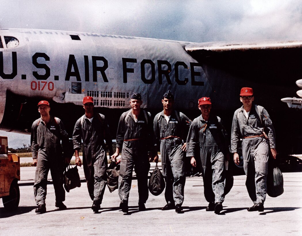 B-52 aircrew returning from an ARC LIGHT mission over Southeast Asia. Just as in earlier wars, the bombs painted on the fuselage showed the number of missions flown. (U.S. Air Force photo)