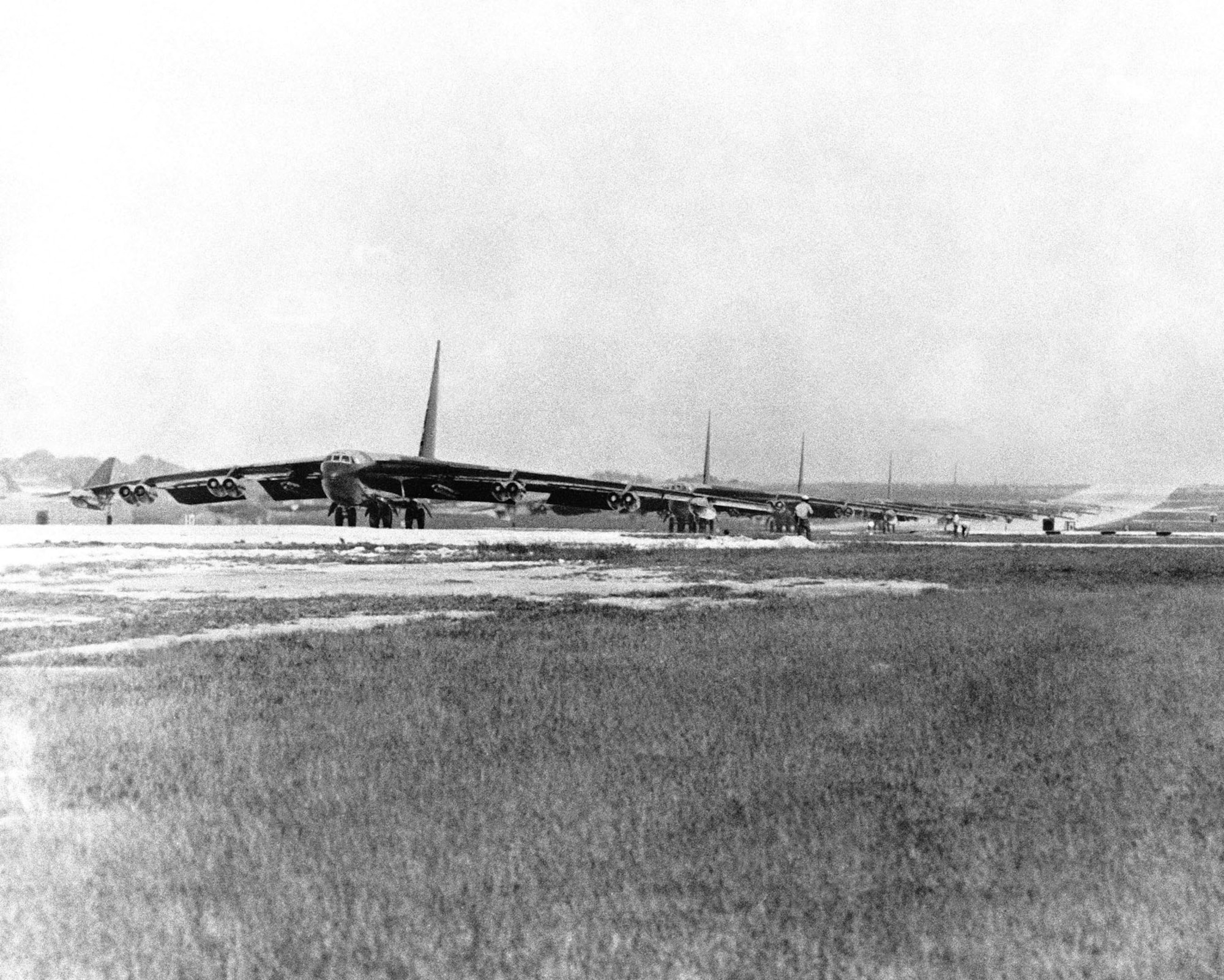 B-52Ds from the Strategic Air Command line up for takeoff as they prepare for strikes over Hanoi and Haiphong, North Vietnam, during OPERATION LINEBACKER. (U.S. Air Force photo)