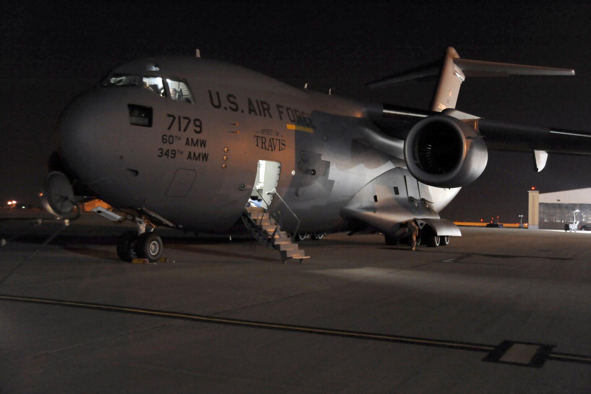 A U.S. Air Force C-17 Globemaster III is parked on the flight line March 20, 2011, McConnell Air Force Base, Kan. The C-17 will carry cargo and Airmen to support Operation Odyssey Dawn, which is the U.S. military’s effort to support the enforcement of  United Nations Security Council Resolution 1973. (U.S. Air Force photo/Staff Sgt. Dallas Edwards)  