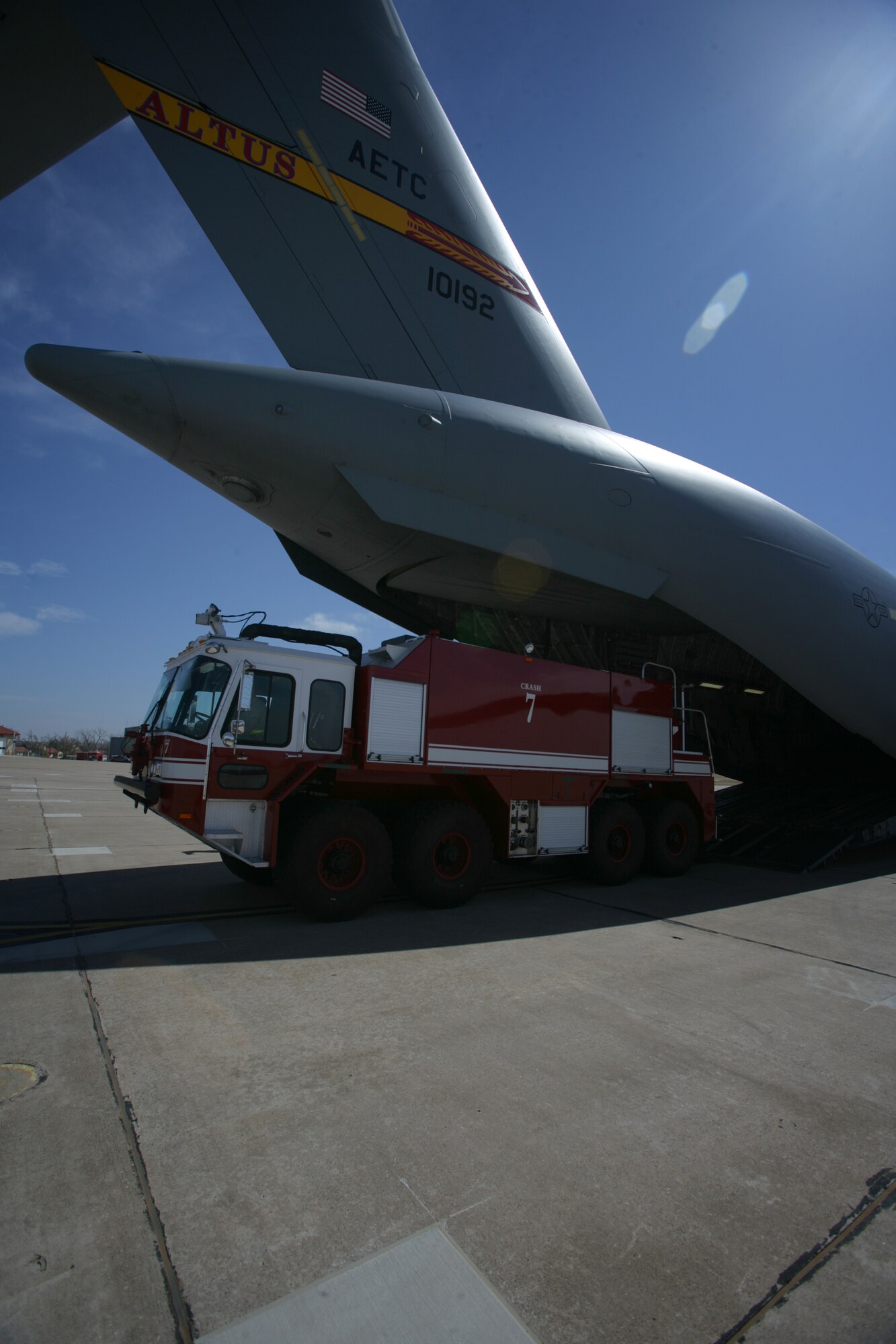 Airmen from Altus Air Force Base offload a firefighting crash truck at Henry Post Army Airfield on Fort Sill March 11. (Courtesy photo by James Brabenec)