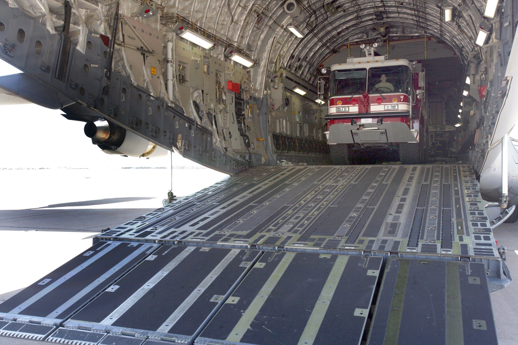 Airmen from Altus Air Force Base offload a firefighting crash truck at Henry Post Army Airfield on Fort Sill March 11. (Courtesy photo by James Brabenec)