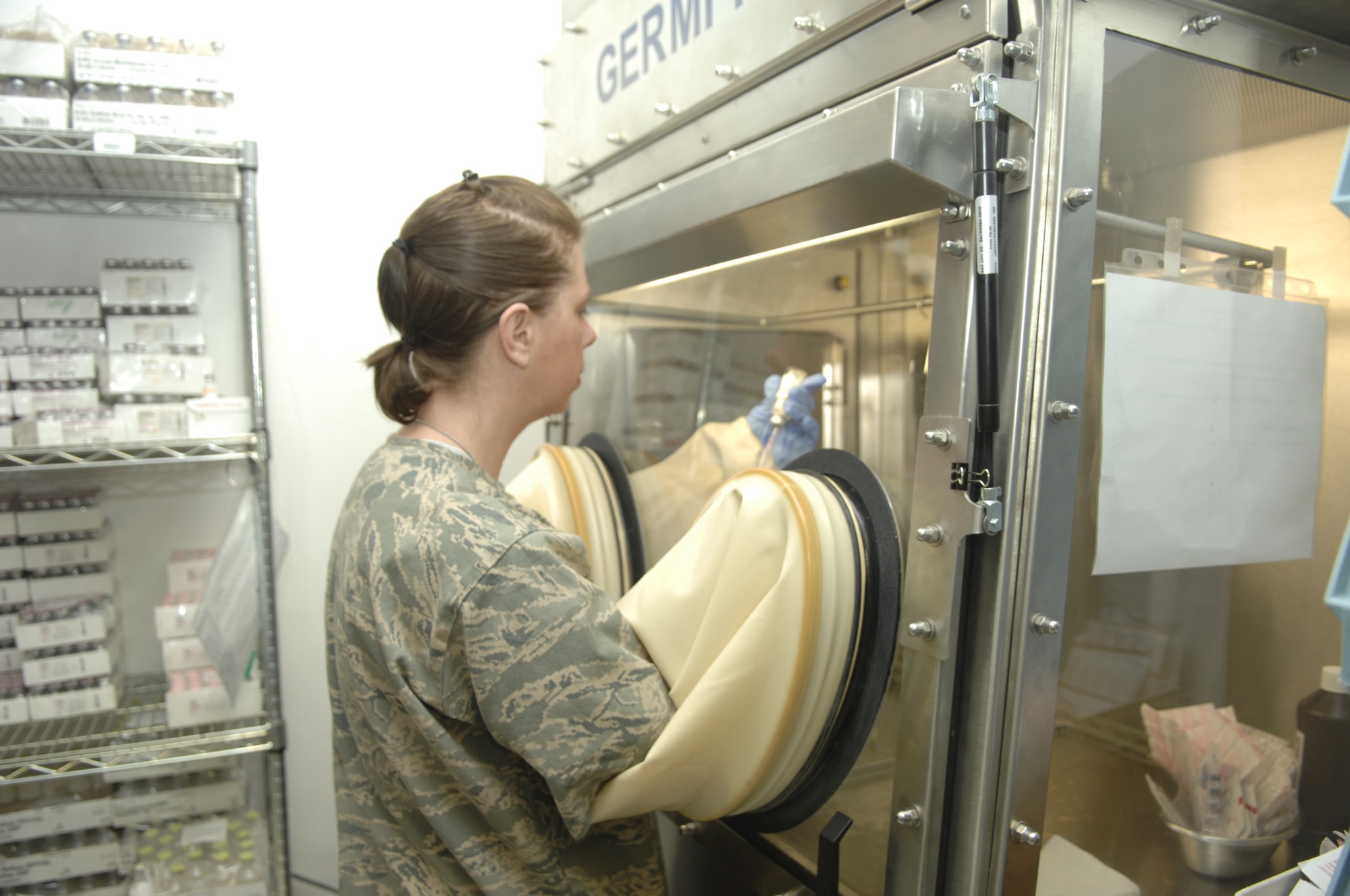 Capt. Jennifer Baker, Craig Joint Theater Hospital Pharmacy commander, prepares an intravenous bag. This is something the captain would not do at her home station, Scott Air Force Base, Ill., since the base only has a clinic. (U.S. Air Force photo/Senior Airman Amber R. Kelly-Herard) 