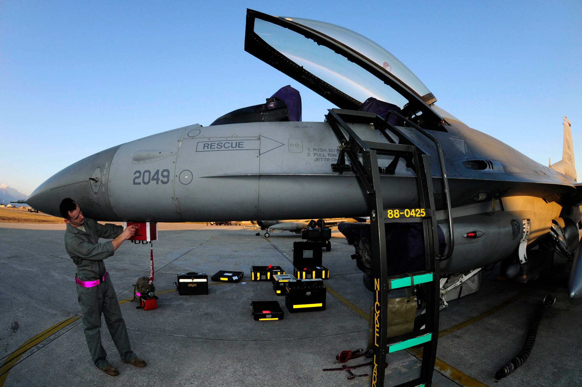 Staff Sgt. Bryan Holloway, 510th Aircraft Maintenance Unit avionics craftsman, performs scheduled radar threat warning maintenance on an F-16 Fighting Falcon March 21, 2011, at Aviano Air Base, Italy. The aircraft will deploy in support of Operation Odyssey Dawn. Joint Task Force Odyssey Dawn is the U.S. Africa Command task force established to support the larger international response to the unrest in Libya.  A broad coalition of nations are partnering to enforce U.N. Security Council Resolution (UNSCR) 1973, which authorizes all necessary means to protect civilians in Libya under threat of attack by Qadhafi regime forces.  JTF Odyssey Dawn is commanded by Admiral Samuel J. Locklear, III. (U.S. Air Force photo by Airman 1st Class Katherine Windish)