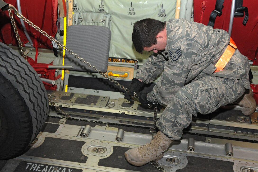 SPANGDAHLEM AIR BASE, Germany – A staff sergeant from the 52nd Logistics Readiness Squadron secures cargo inside a C-130J Super Hercules here in support of Operation Odyssey Dawn March 21. Joint Task Force Odyssey Dawn is the U.S. Africa Command task force established to provide operational and tactical command and control of U.S. military forces supporting the international response to the unrest in Libya and enforcement of United Nations Security Council Resolution (UNSCR) 1973. UNSCR 1973 authorizes all necessary measures to protect civilians in Libya under threat of attack by Qadhafi regime forces.  JTF Odyssey Dawn is commanded by U.S. Navy Admiral Samuel J. Locklear, III. (U.S. Air Force photo/Airman 1st Class Matthew B. Fredericks)