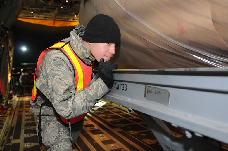 SPANGDAHLEM AIR BASE, Germany –A 52nd Logistics Readiness Squadron Airman pushes cargo into a C-130J Super Hercules here in support of Operation Odyssey Dawn March 20. Joint Task Force Odyssey Dawn is the U.S. Africa Command task force established to provide operational and tactical command and control of U.S. military forces supporting the international response to the unrest in Libya and enforcement of United Nations Security Council Resolution (UNSCR) 1973. UNSCR 1973 authorizes all necessary measures to protect civilians in Libya under threat of attack by Qadhafi regime forces.  JTF Odyssey Dawn is commanded by U.S. Navy Admiral Samuel J. Locklear, III. (U.S. Air Force photo/Airman 1st Class Matthew B. Fredericks)