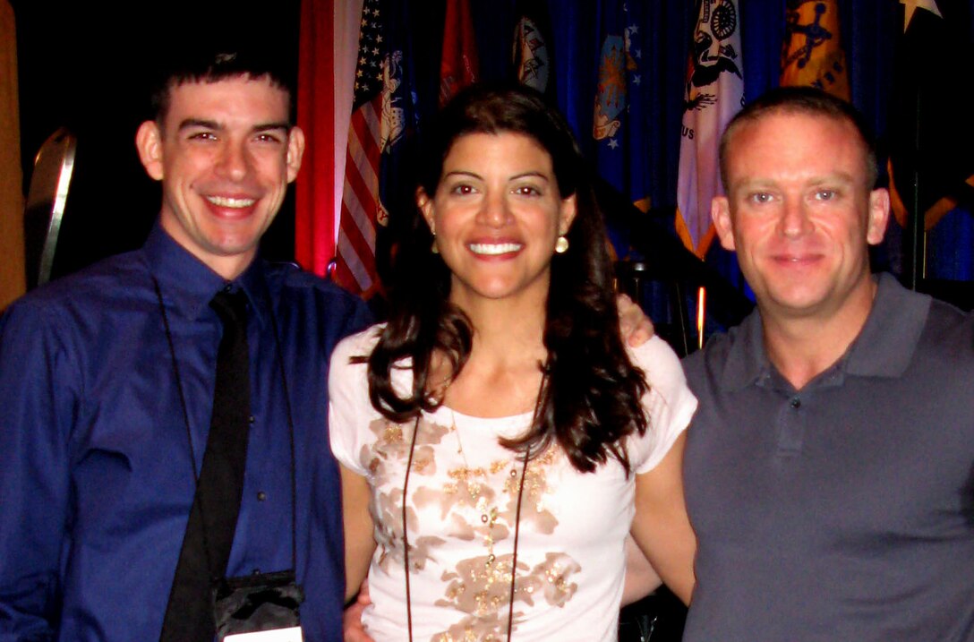Performers in the documentary play “ReEntry,” which portrays the trials and triumphs of deployment and reintegration include, from left, Bobby Mereno, Sheila Tapia and Joseph Harrell, a former Marine Corps drill instructor. DoD photo by Donna Miles