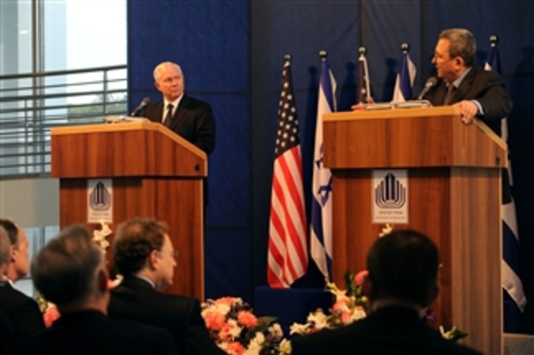 Secretary of Defense Robert M. Gates and Israeli Defense Minister Ehud Barak conduct a joint press conference in Tel Aviv, Israel, on March 24, 2011.  