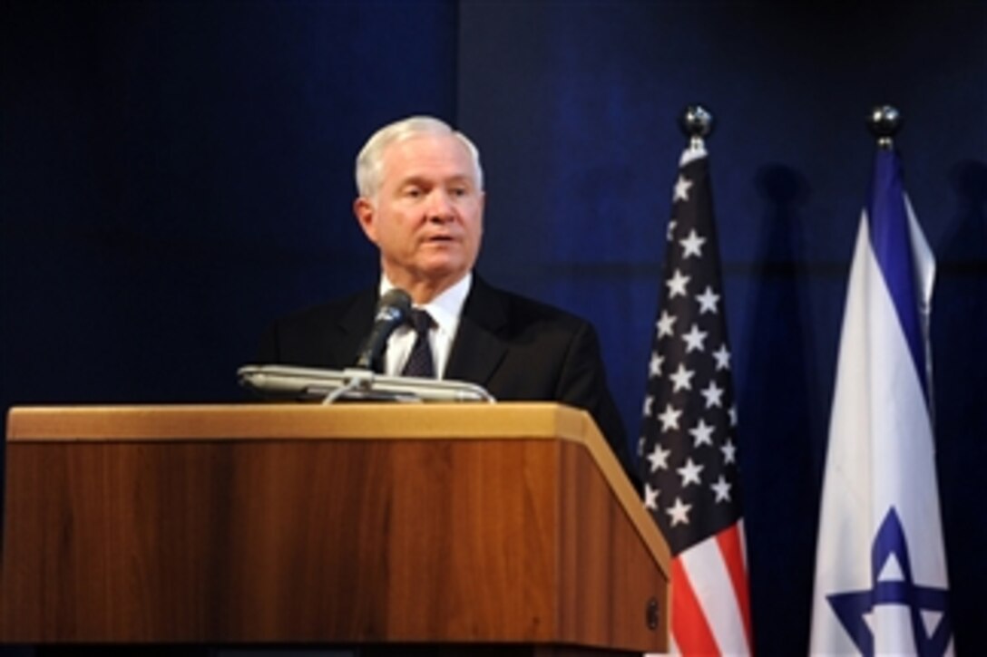 Secretary of Defense Robert M. Gates conducts a joint press conference with Israeli Defense Minister Ehud Barak in Tel Aviv, Israel, on March 24, 2011.  