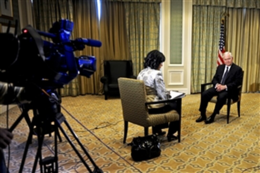 U.S. Defense Secretary Robert M. Gates gives an interview to Al Arabiya television in Cairo, March 24, 2011.