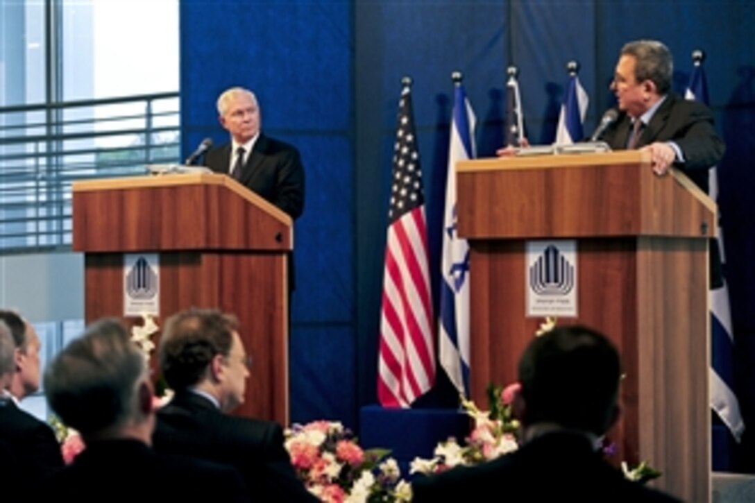 U.S. Defense Secretary Robert M. Gates and Israeli Defense Minister Ehud Barak conduct a press conference in Tel Aviv, Israel, March 24, 2011.