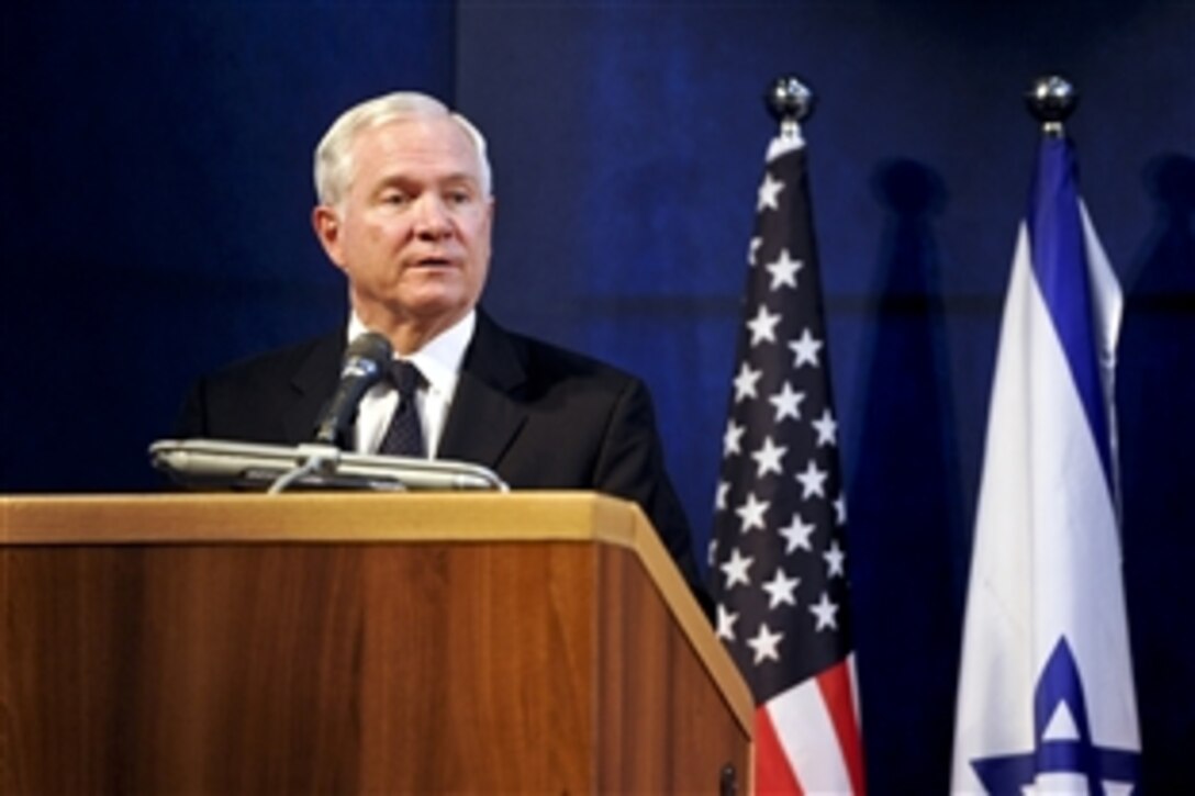 U.S. Defense Secretary Robert M. Gates conducts a press conference with Israeli Defense Minister Ehud Barak, not pictured, in Tel Aviv, Israel, March 24, 2011.