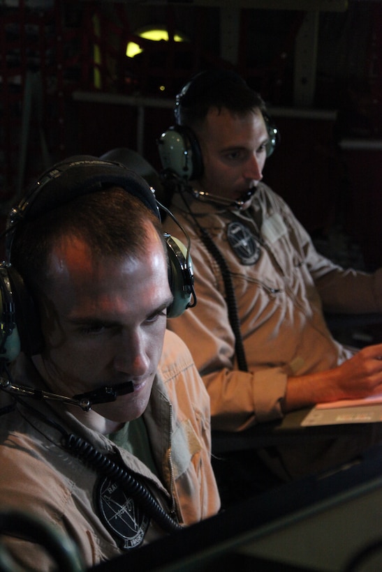 Capt. John L. Belsha, left, and Capt. Jason R. McKown, fire control officers with Marine Aerial Refueler Transport Squadron 352, fly the southwestern Afghanistan skies aboard the HarvestHawk equipped KC-130J, March 25. The one-of-a-kind Harvest Hawk system includes a version of the target sight sensor used on the AH-1Z Cobra attack helicopter as well as a complement of four AGM-114 Hellfire and 10 Griffin missiles. This unique variant of the KC-130J supports 2nd Marine Aircraft Wing (Forward) in providing closer air support and surveillance for coalition troops on the ground in southwestern Afghanistan.