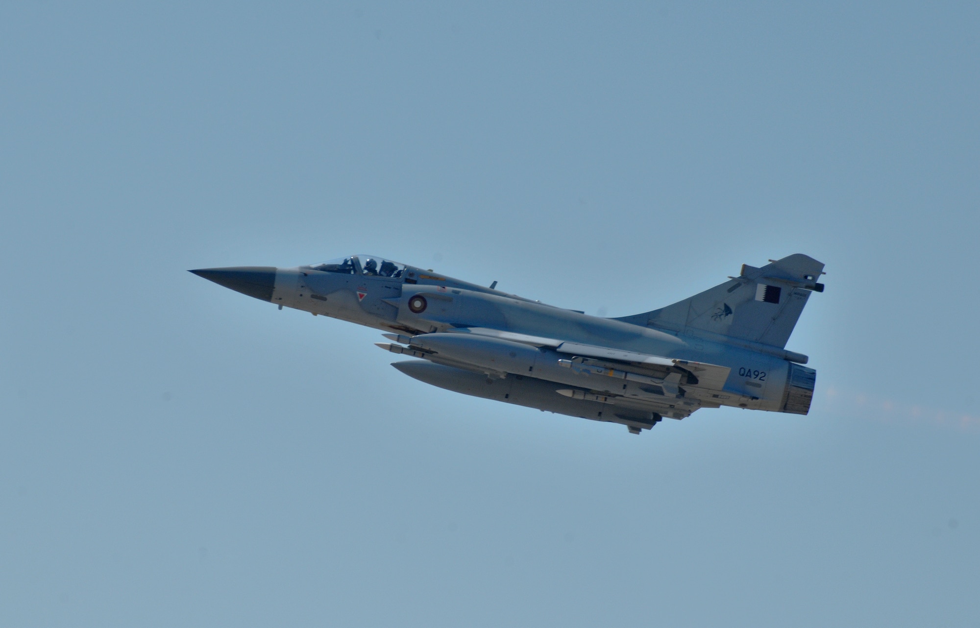 A Qatar Emiri Air Force Mirage 2000-5 flies its first mission March 25, 2011, in support of Operation Odyssey Dawn. Qatar is the newest member of the coalition supporting the no-fly zone over Libya.  (U.S. Navy photo/Paul Farley)