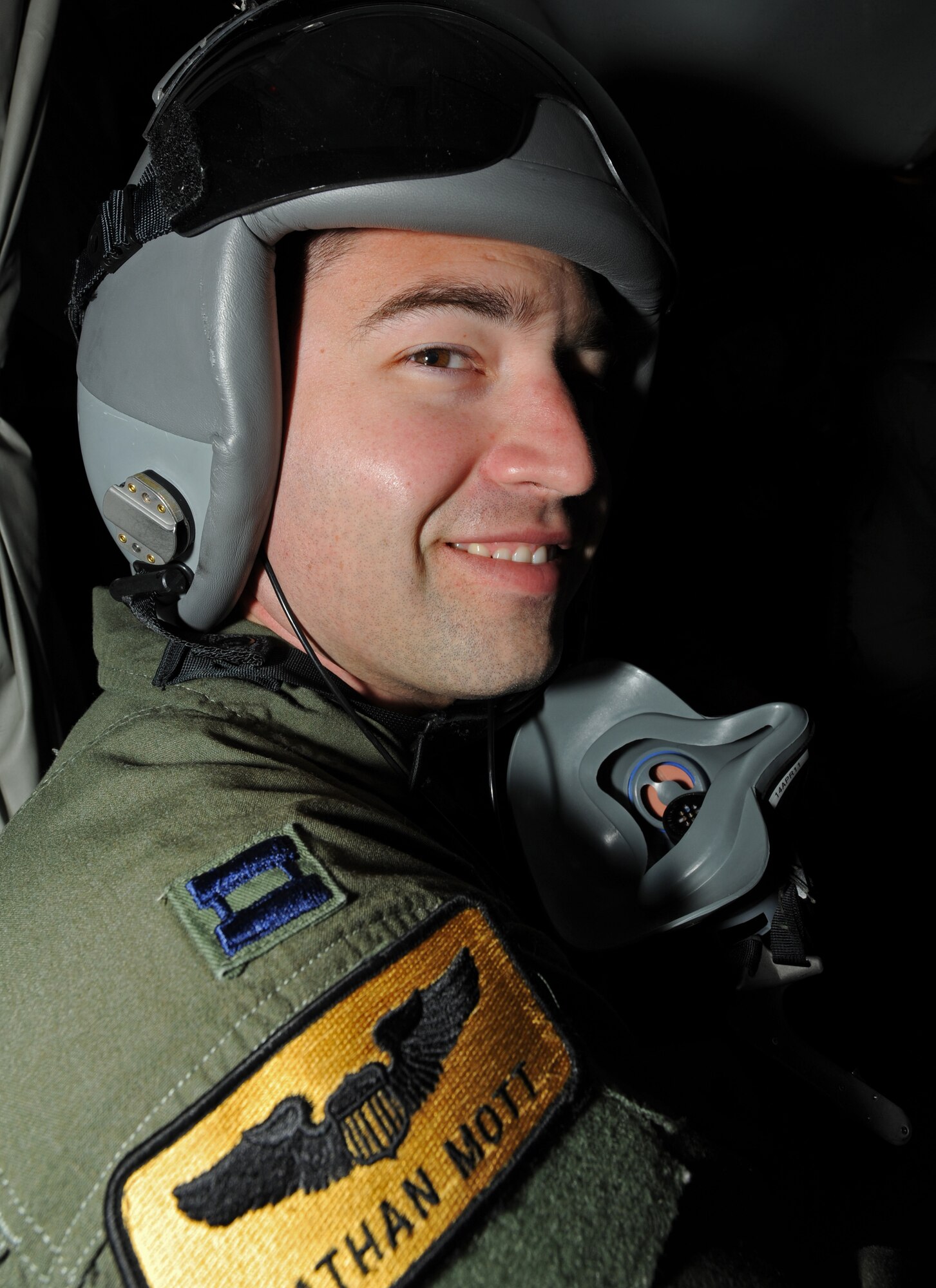 Capt. Nathan Mott, 11th Bomb Squadron pilot, poses for a photo during a flight on a B-52H Stratofortress from Barksdale Air Force Base, La., March 25. (U.S. Air Force photo/Senior Airman Alexandra M. Boutte) (RELEASED)