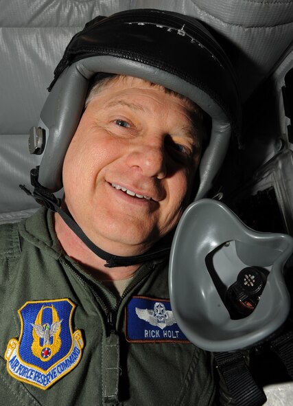 Lt. Col. Rick Holt, 93rd Bomb Squadron electronic warfare officer, poses for a photo during a flight on a B-52H Stratofortress from Barksdale Air Force Base, La., March 25. (U.S. Air Force photo/Senior Airman Alexandra M. Boutte) (RELEASED)
