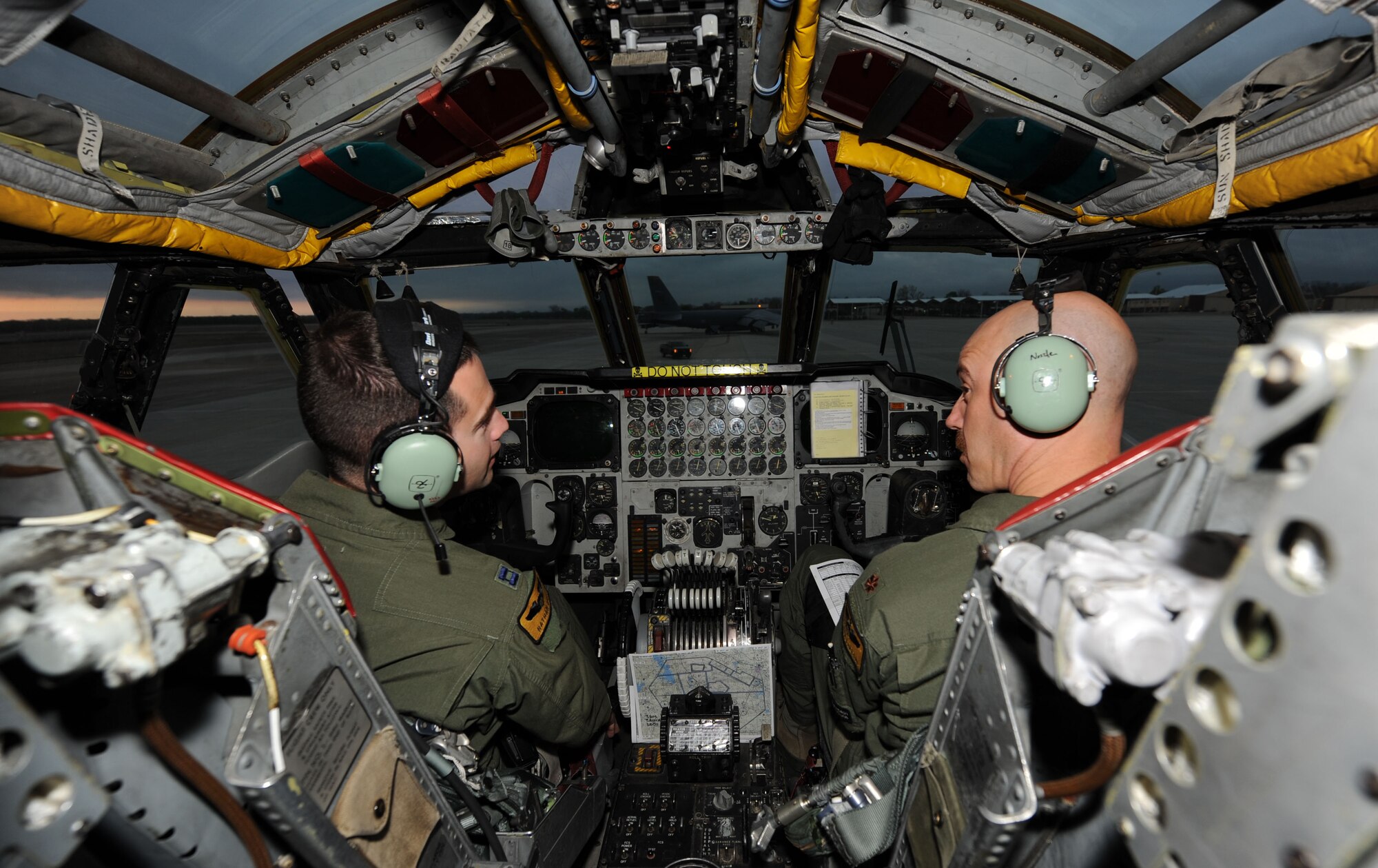 Capt. Nathan Mott and Maj. Joseph Babboni, B-52H Stratofortress pilots from Barksdale Air Force Base, La., prepare the aircraft for a sortie, March 25. (U.S. Air Force photo/Senior Airman Alexandra M. Boutte) (RELEASED)