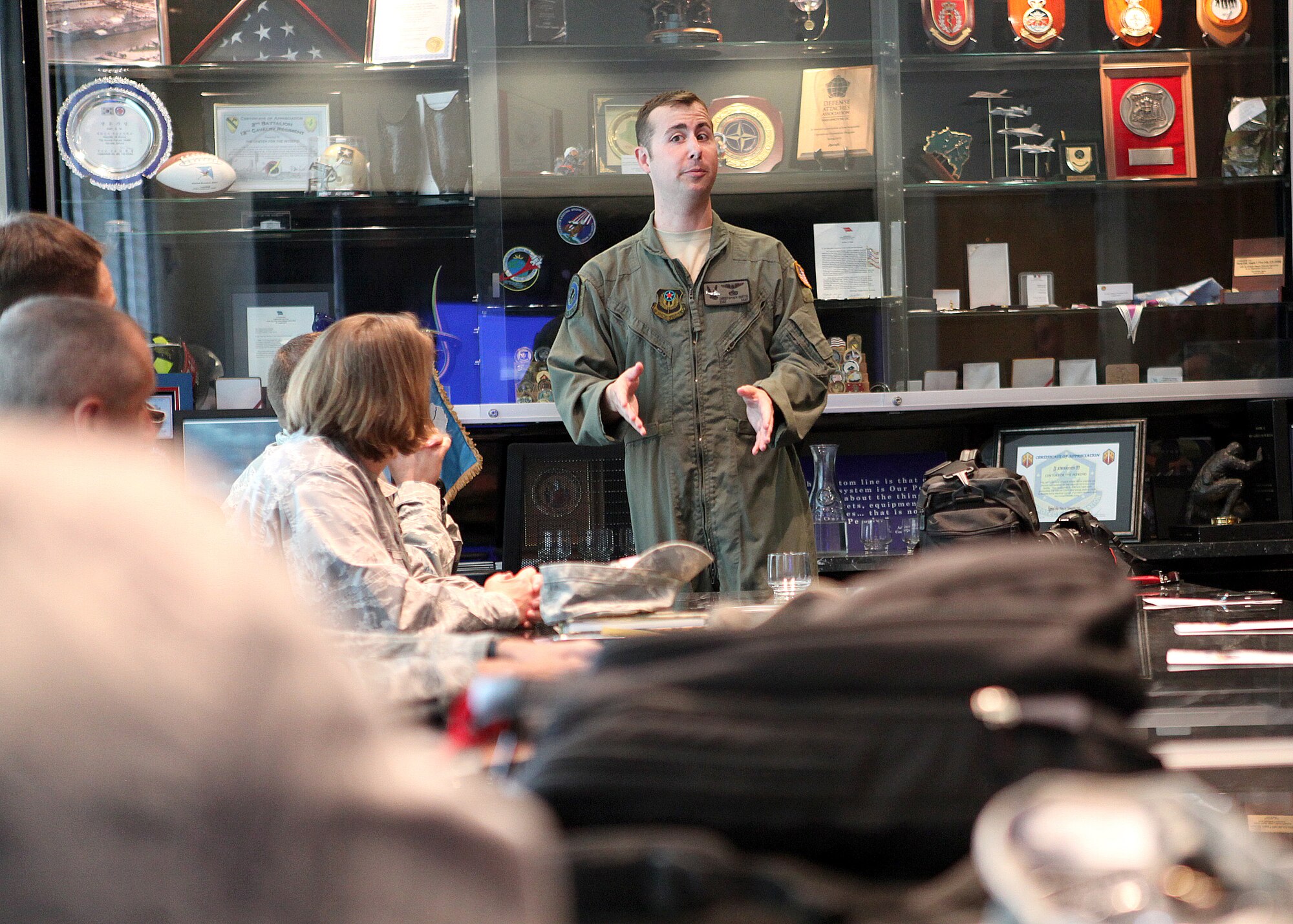 Staff Sgt. Chris Curtis, 8th Special Operations Squadron, talks about the care and support he has received at the Center for the Intrepid during the monthly leadership forum tour March 16. Sergeant Curtis was a flight engineer on a CV-22 Osprey that crashed in Zabul province, Afghanistan, April 8, 2010, leaving him with significant blood loss and multiple fractures to his back, face, both legs, left arm and pelvis. (U.S. Air Force photo/Robbin Cresswell) 

