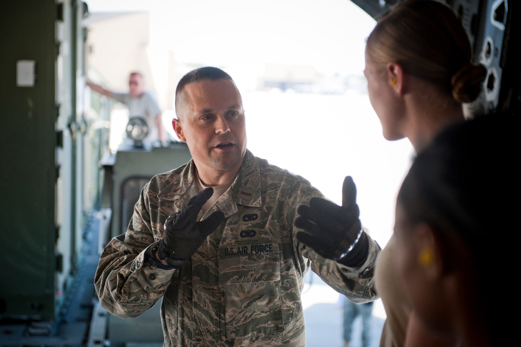 2nd Lt. Jarrett Pieske, 23rd Logistics Readiness Squadron materiel management flight commander, speaks to his Airmen about the cargo loading process March 24 at Moody Air Force Base, Ga. From finalizing paperwork to operating vehicles to loading cargo, the 23rd Logistics Readiness Squadron can use anywhere from 15 to 30 Airmen for a cargo load. (U.S. Air Force photo/Staff Sgt. Jamal D. Sutter)(RELEASED)
