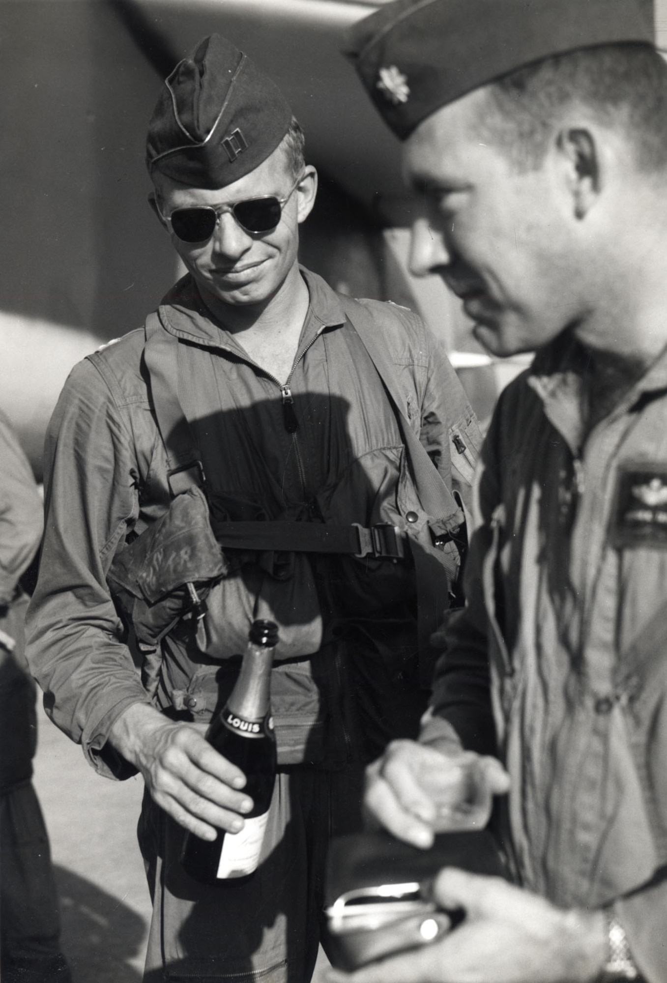 Unarmed EB-66s were vulnerable to enemy MiGs, who specifically targeted them. Pictured here are B-66 pilot Maj. Kibby Taylor (right) and navigator Capt. Jack McGinn. Their aircraft was attacked by two MiGs on a mission in November 1966. They narrowly escaped, and their fighter escort shot down both of the MiGs. (U.S. Air Force photo)