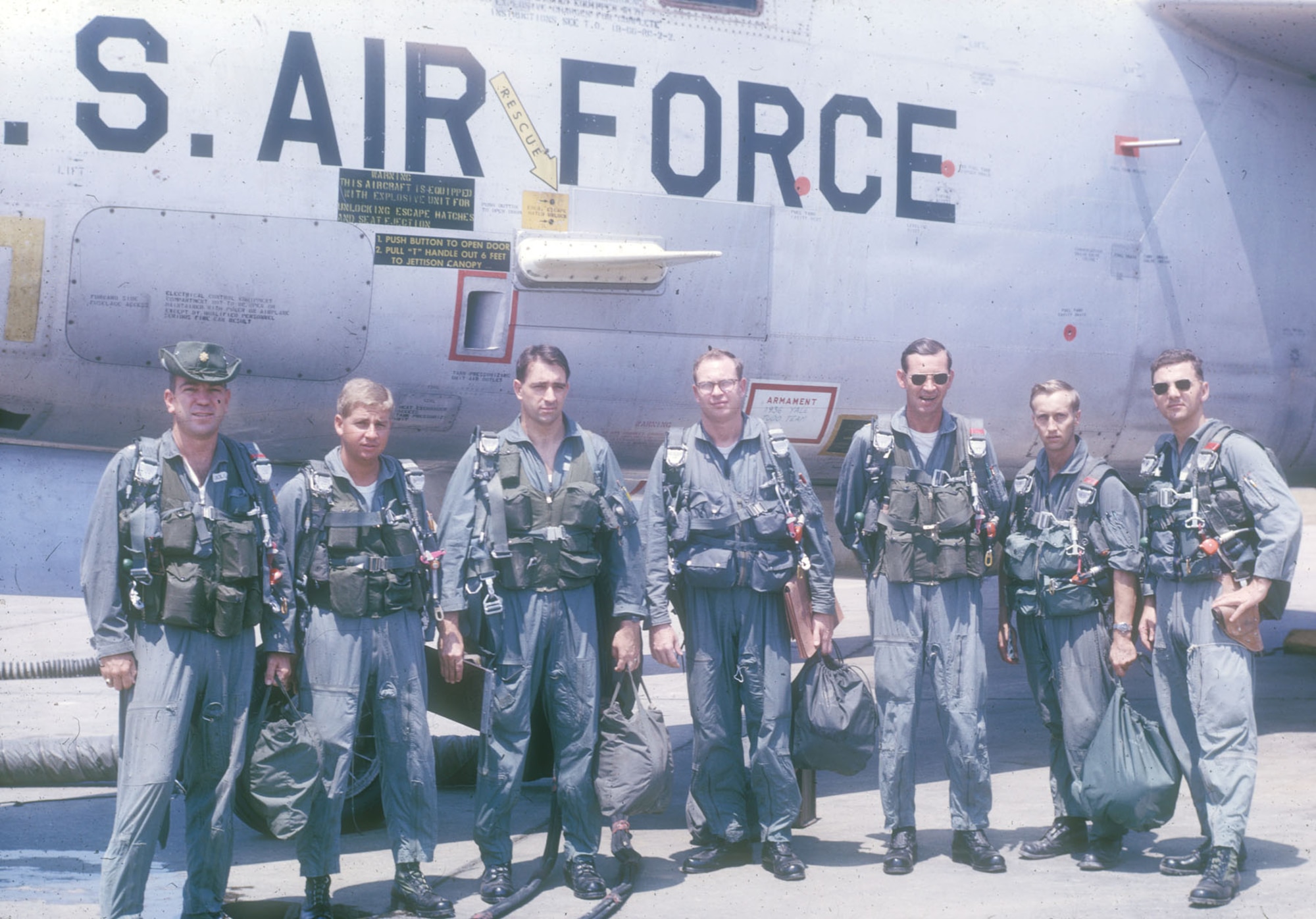 RB-66C crew at Takhli in early 1966 (the RB-66C was later designated the EB-66C). The typical RB-66C crew consisted of the pilot/aircraft commander, navigator, flight engineer, and four electronic warfare officers (EWOs). (U.S. Air Force photo)