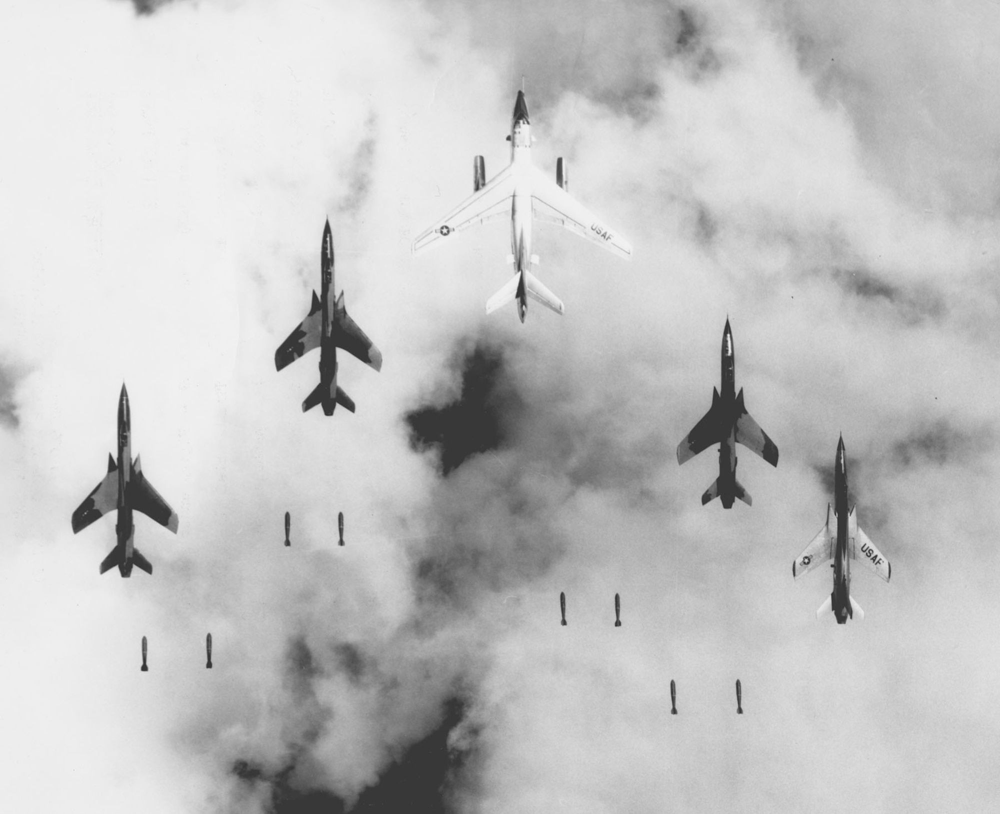 Some EB-66s flew “buddy bombing” or “pathfinder” missions during bad weather. They aimed with their radar bombsight and signaled to the F-105s when to bomb (F-105s could not aim through clouds). (U.S. Air Force photo)