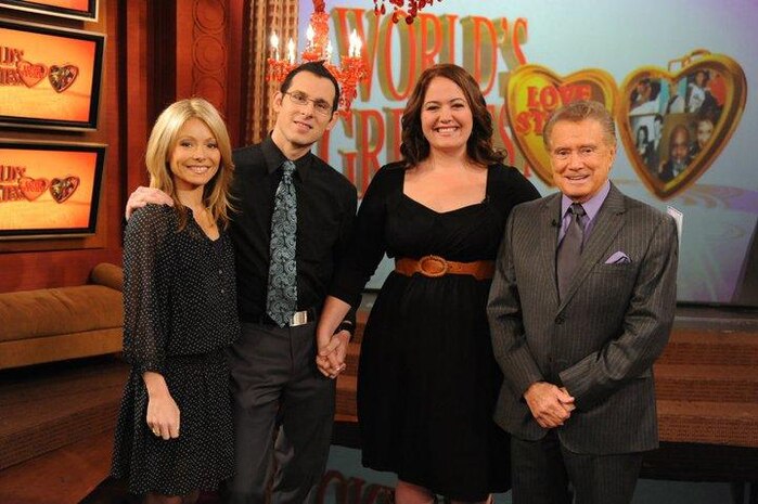 Staff Sgt. Troy Morgan and his wife Kimberly, appear on "Live! With Regis and Kelly" Feb. 17, in New York City, N.Y. The Morgans and four other couples shared their love stroy with the viewers over the course of the week. (Courtesy photo)