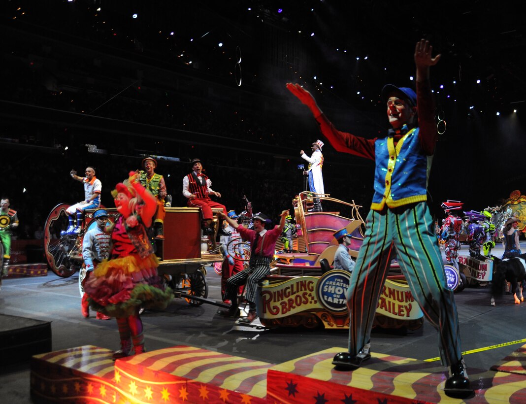The Ringling Brothers and Barnum & Bailey Circus members perform the opening act March 24 at the Verizon Center in Washington D.C. The show was a salute to military heroes, with many wounded warriors from Walter Reed Army Medical Center and their families in attendance. (U.S. Air Force photo by Senior Airman Torey Griffith)