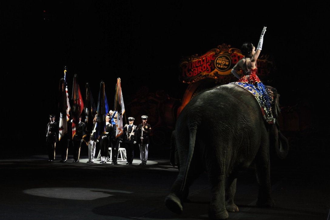 Members of the Military District of Washington Joint Service Honor Guard present the colors before the beginning of the Ringling Brothers and Barnum & Bailey Circus March 24 at the Verizon Center, Washington, D.C.  The March 24 show was a salute to military heroes, with many wounded warriors from Walter Reed Army Medical Center and their families in attendance. (U.S. Air Force photos by Senior Airman Torey Griffith)