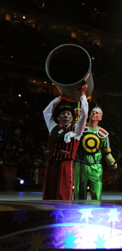 The Ringling Brothers and Barnum & Bailey Circus  performers motivate the crowd before the show March 24 at the Verizon Center in Washington D.C. The show was a salute to military heroes, with many wounded warriors from Walter Reed Army Medical Center and their families in attendance. (U.S. Air Force photo by Senior Airman Torey Griffith)