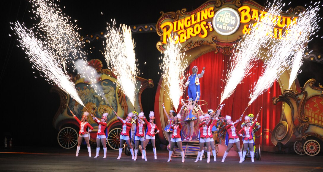 The Ringling Brothers and Barnum & Bailey Circus performers open 'the greatest show on earth,' March 24 at the Verizon Center in Washington D.C. The show was a salute to military heroes, with many wounded warriors from Walter Reed Army Medical Center and their families in attendance. (U.S. Air Force Photo by Senior Airman Torey Griffith)