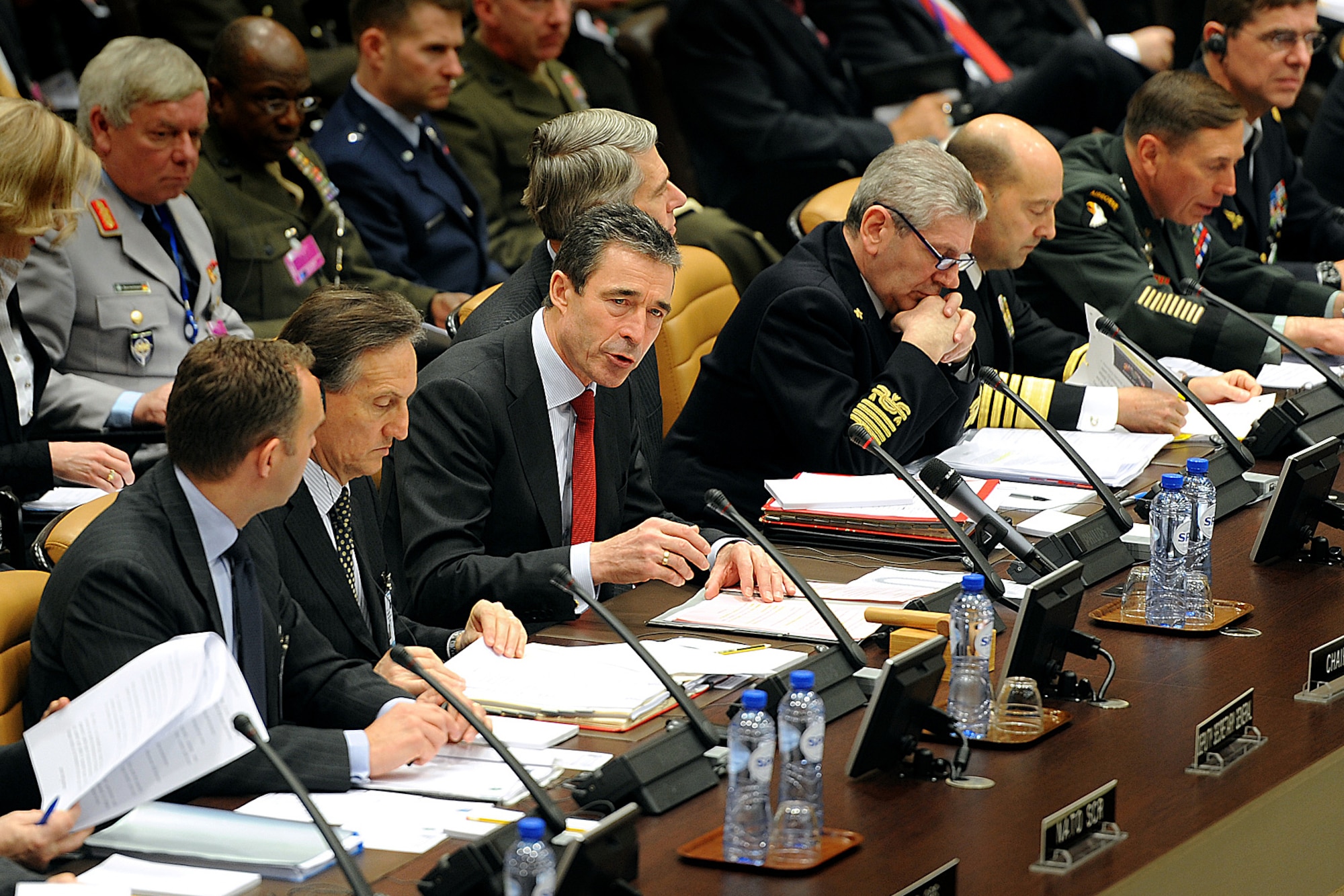NATO Secretary General Anders Fogh Rasmussen (third from left) opens a meeting of NATO ministers of defense with non-NATO International Security Assistance Force contributing nations at the NATO headquarters in Brussels, Belgium, March 11, 2011. (DOD file photo/Cherie Cullen)