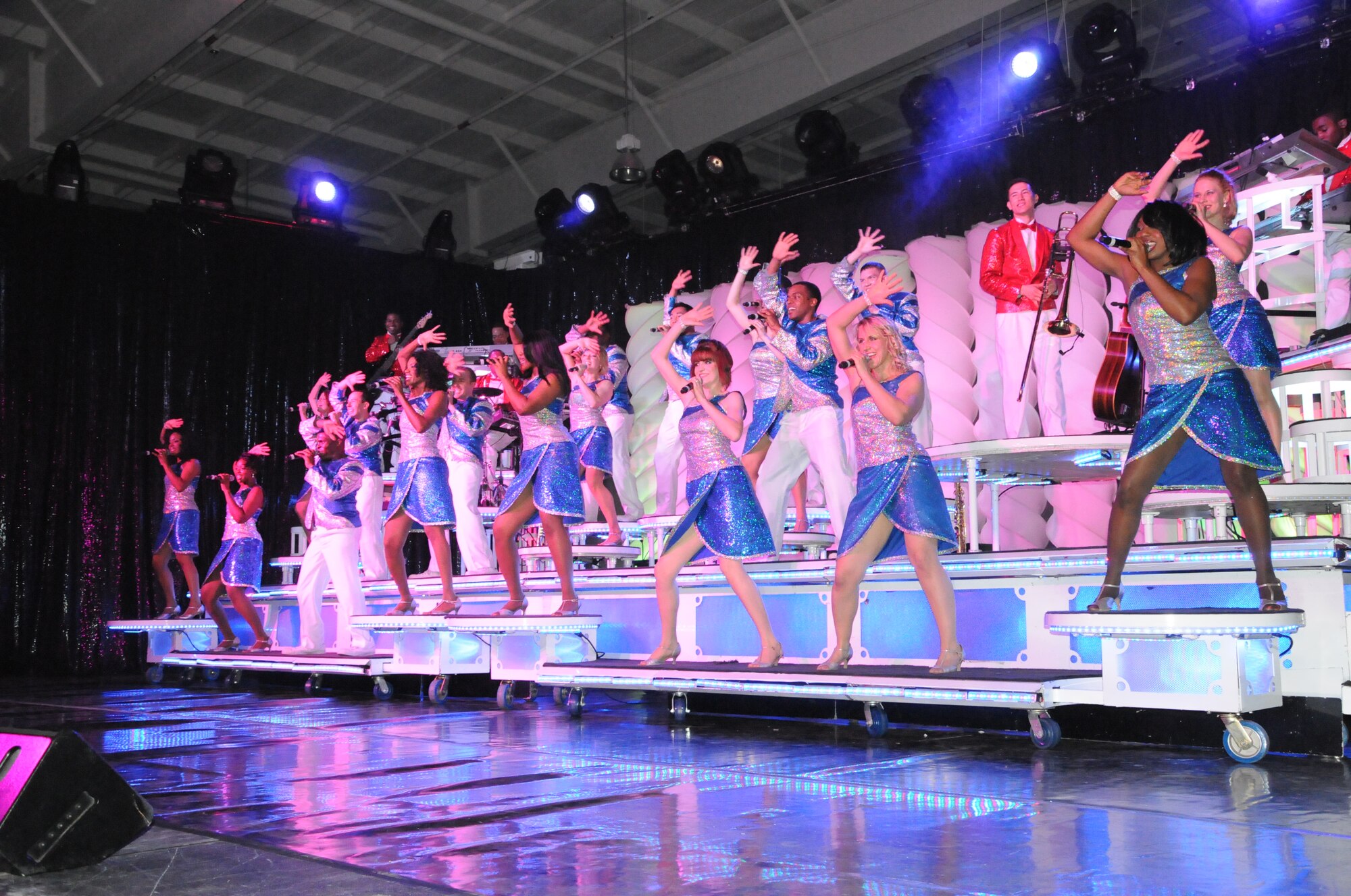 LAUGHLIN AIR FORCE BASE, Texas - - Tops in Blue performed for hundreds of service members, spouses and children in the weather hangar here for the Thursday night performance by Tops in Blue. (U.S. Air Force photo by Airman 1st Class Blake Mize)