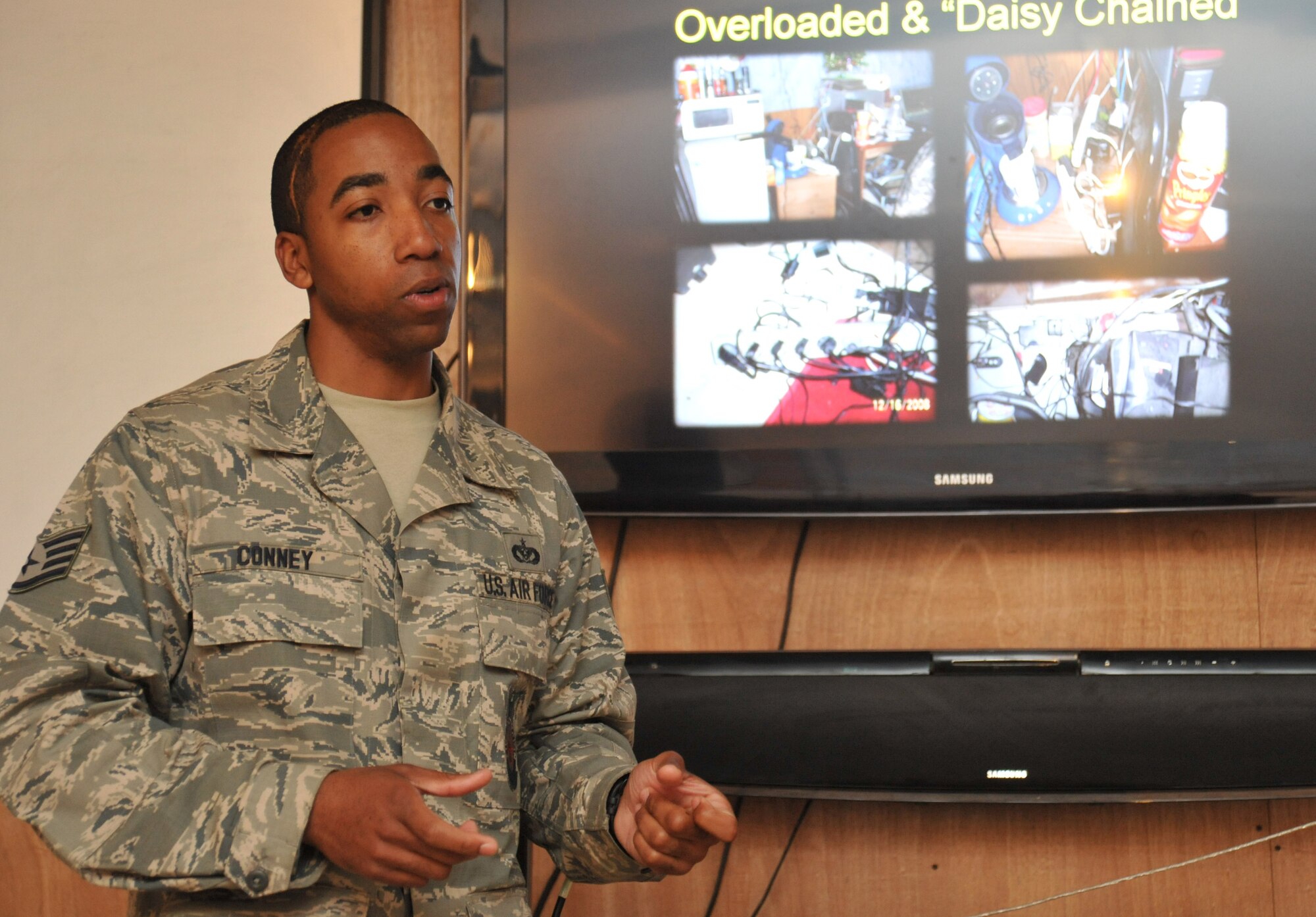 Staff Sgt. Horace Conney, 407th Expeditionary Operations Support Squadron fire inspector and an Oconee, Ga., native, talks to attendees during the fire warden training March 2, 2011, at Ali Air Base, Iraq. Sergeant Conney is deployed from Columbus Air Force Base, Miss. (U.S. Air Force photo by Senior Airman Andrew Lee/Released)