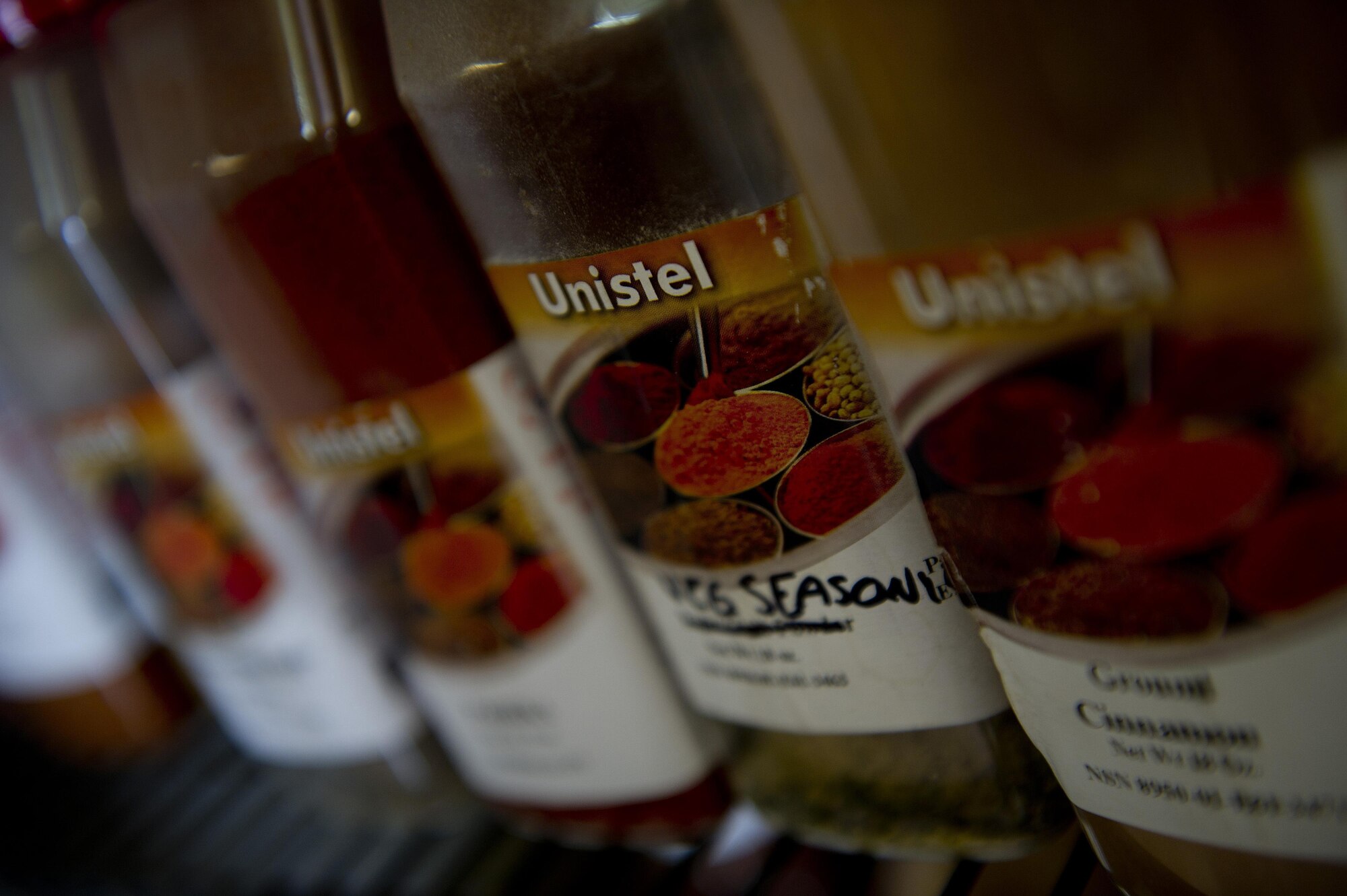 A rack of spices align the shelves at Forward Operating Base Smart, Afghanistan. The dining facility kitchen staff and is responsible for preparing meals for Provincial Reconstruction Team Zabul. PRT Zabul consists of members from the Air Force, Army and other civilian agencies. (U.S. Air Force photo/Master Sgt. Adrian Cadiz)