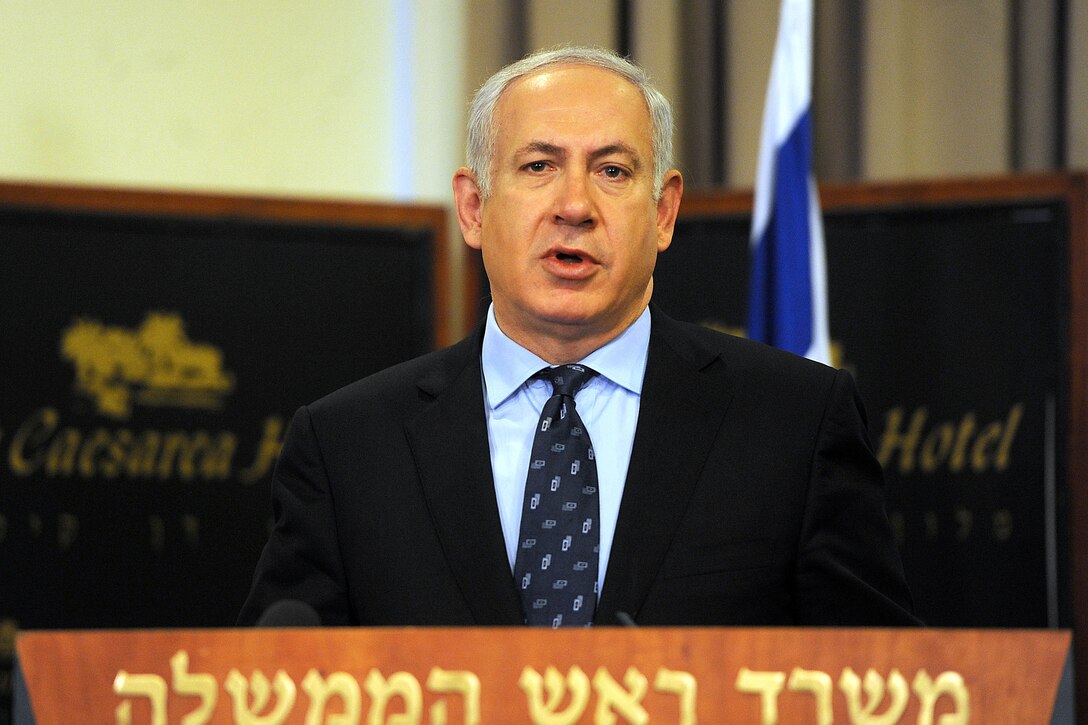 Israeli Prime Minister Benjamin Netanyahu and U.S. Defense Secretary Robert M. Gates, not pictured, conduct a press conference at the Dan Cesarea Hotel in Israel, March 25, 2011. 