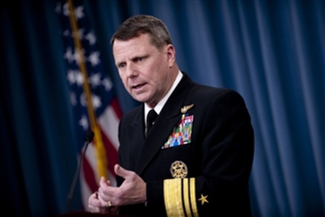 Director of the Joint Staff Vice Adm. Bill Gortney, U.S. Navy, updates the media at a briefing on Operation Odyssey Dawn from the Pentagon in Washington, D.C., on March 24, 2011.  
