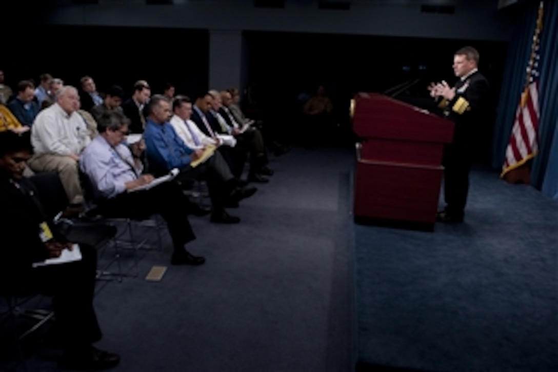 Director of the Joint Staff Vice Adm. Bill Gortney, U.S. Navy, updates the media at a briefing on Operation Odyssey Dawn from the Pentagon in Washington, D.C., on March 24, 2011.  