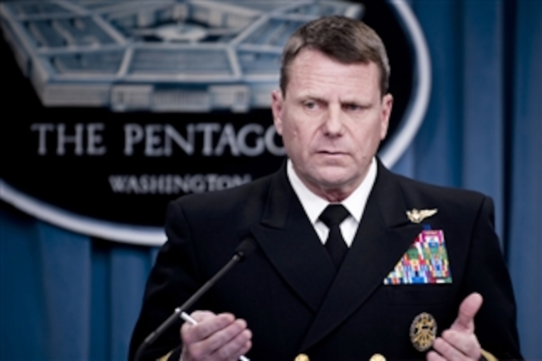 Director of the Joint Staff Vice Adm. Bill Gortney, U.S. Navy, updates the media at a briefing on Operation Odyssey Dawn from the Pentagon in Washington, D.C., on March 24, 2011.  