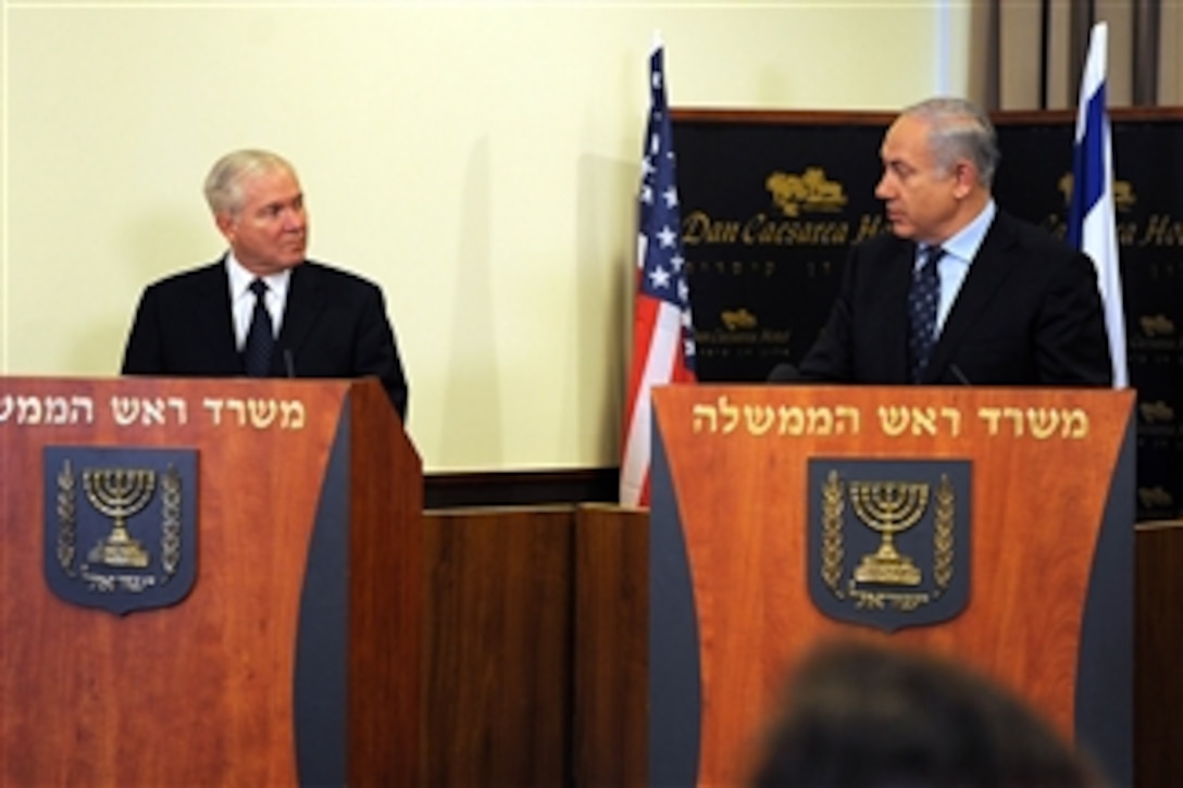 Secretary of Defense Robert M. Gates conducts a joint press conference with Israeli Prime Minister Binyjamin Netanyahu in the Dan Cesarea Hotel in Israel on March 25, 2011.  