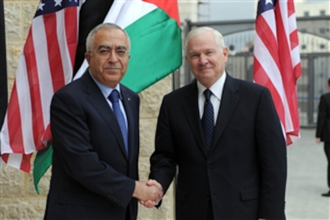 Secretary of Defense Robert M. Gates meets with Palestinian Prime Minister Salaam Fayyed in his office in Ramallah, West Bank, on March 25, 2011.  