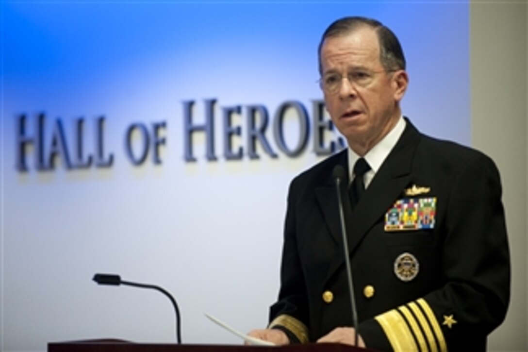 Chairman of the Joint Chiefs of Staff Adm. Mike Mullen, U.S. Navy, addresses audience members at a ceremony honoring the 150th anniversary of the Medal of Honor in the Hall of Heroes in the Pentagon on March 25, 2011.  